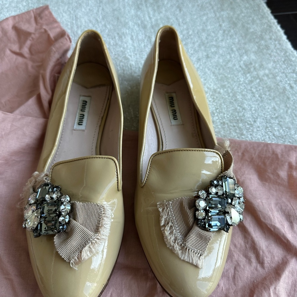 Miu Miu Beige Embellished Loafers